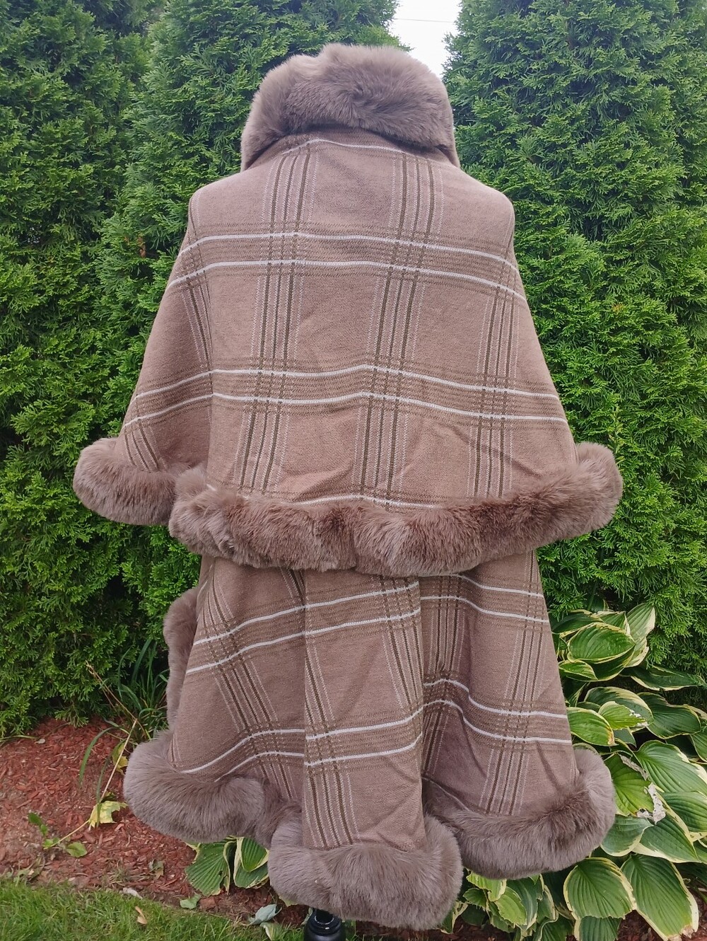 Magnificent Mocha Plaid Wrap Jacket With Faux Fur Accents - Picture 15 of 16